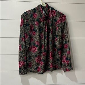 Heritage Floral Tie-Neck Blouse in Fuchsia and Teal